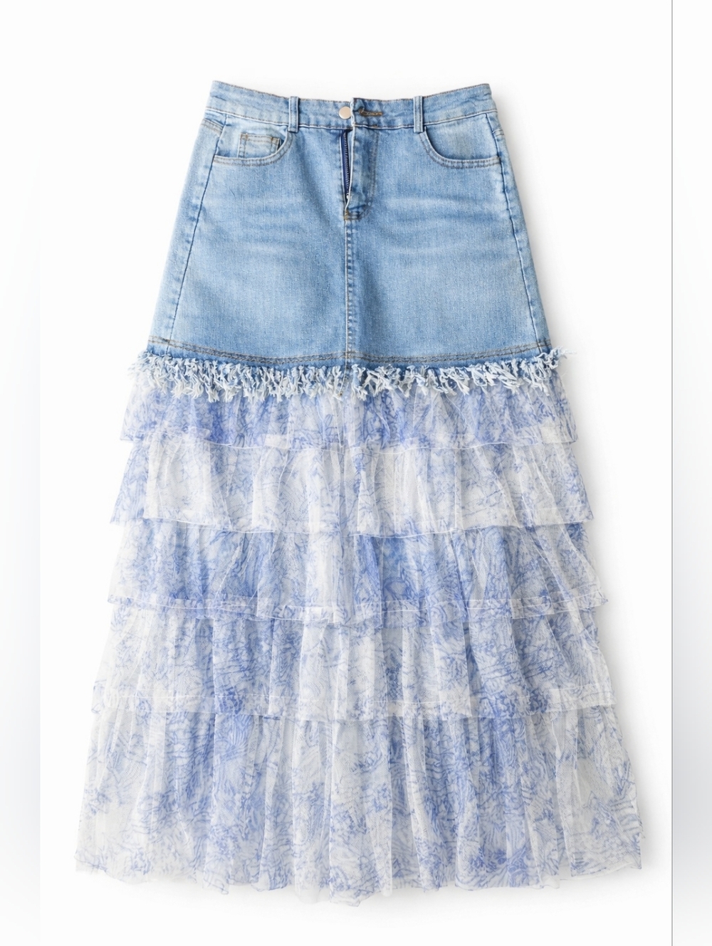 Beiwan New Denim and Blue Tiered Tulle Maxi Skirt